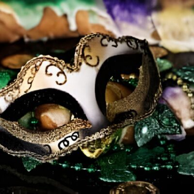 A decorative masquerade mask with gold and black accents rests on a surface scattered with beads and colorful Mardi Gras decorations.