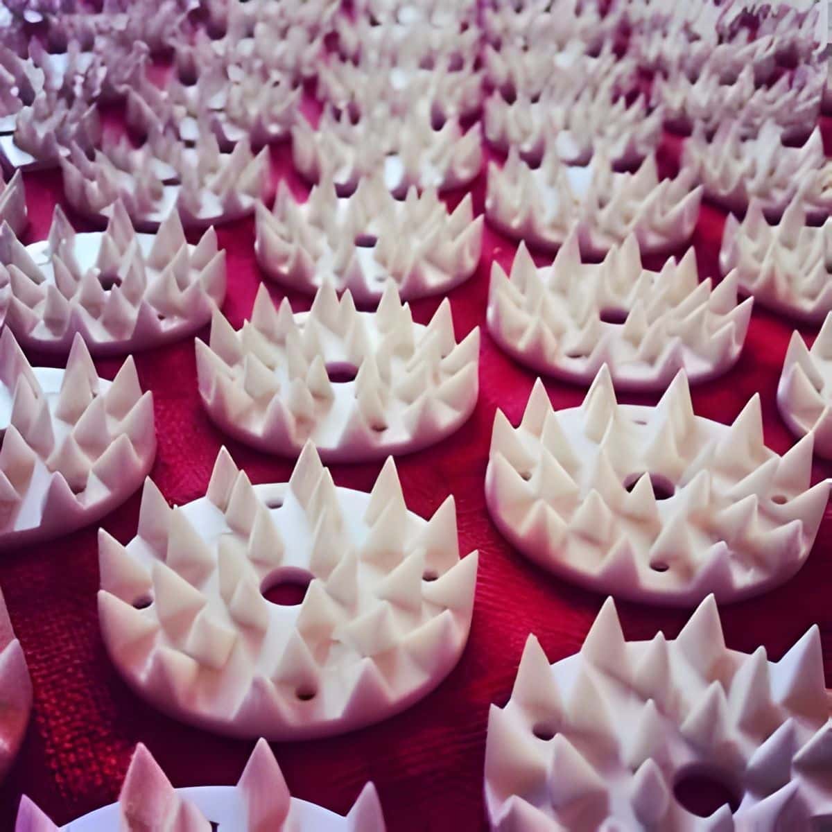 Rows of circular white plastic objects with sharp spikes, evenly arranged on a red surface—these are great products for moms seeking effective home wellness solutions.