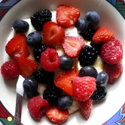 A bowl of yogurt topped with strawberries, raspberries, blackberries, and blueberries offers a delicious option for healthy snacking, with a spoon on the side.
