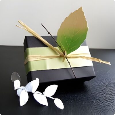 A black gift box with a light green ribbon, decorated with a large artificial leaf and raffia, sits on a dark surface next to a small white decorative branch—an elegant choice inspired by top gift stores.