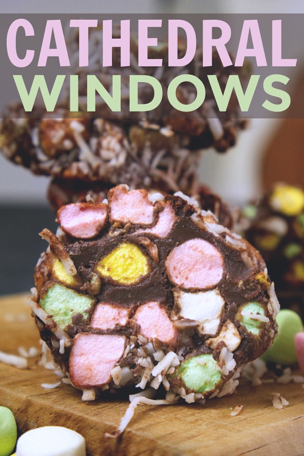 Cathedral Windows chocolate marshmallow dessert with title text reading Cathedral Windows