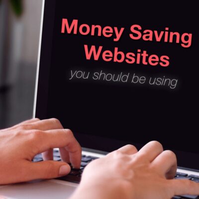 Hands typing on a laptop with a screen displaying the text "Money Saving Websites you should be using" in bold and italic fonts, highlighting some of the best money saving websites to help you maximize your budget.
