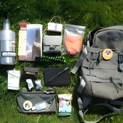 A gray backpack and various emergency preparedness kit items, including a water bottle, notebook, map, first aid kit, and small pouches, are laid out on green grass.