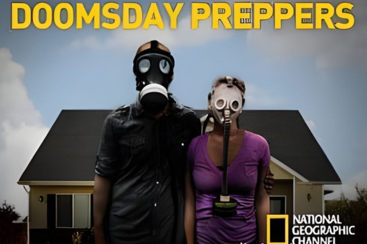 Two people wearing gas masks stand in front of a house, ready with their emergency preparedness kit.