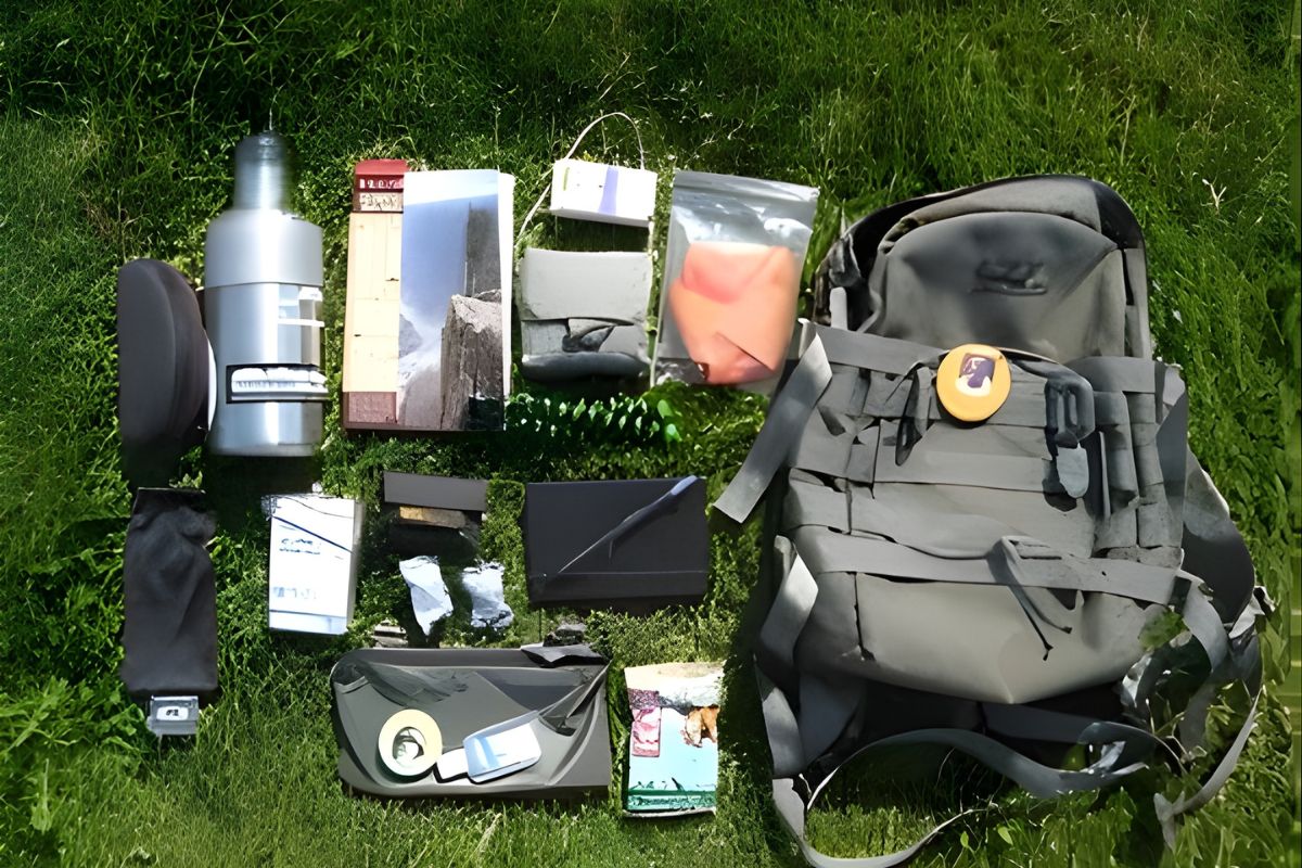 A collection of emergency kit, including a backpack, canteen, compass, map, packaged food, and various essentials.
