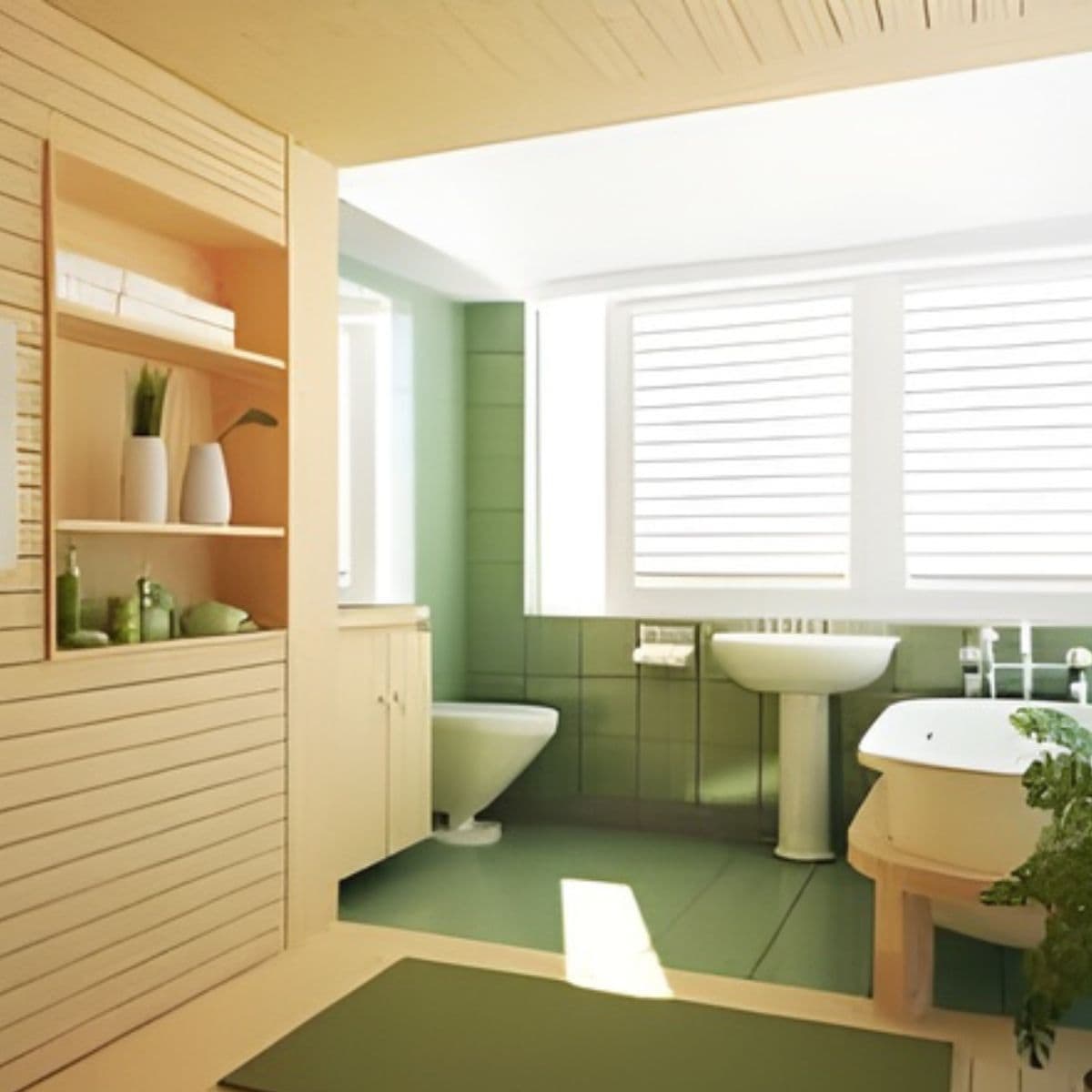 Modern bathroom with green and white decor, perfect for spring cleaning. Features a bathtub, sink, toilet, shelves with vases, and large windows with white shutters.