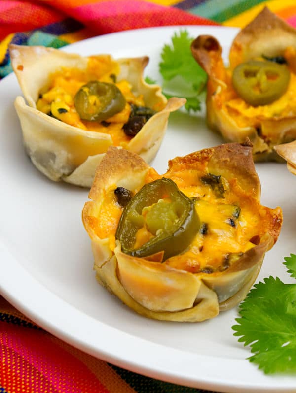 Chicken Enchilada Cups on a white plate on a multi-colored striped cloth