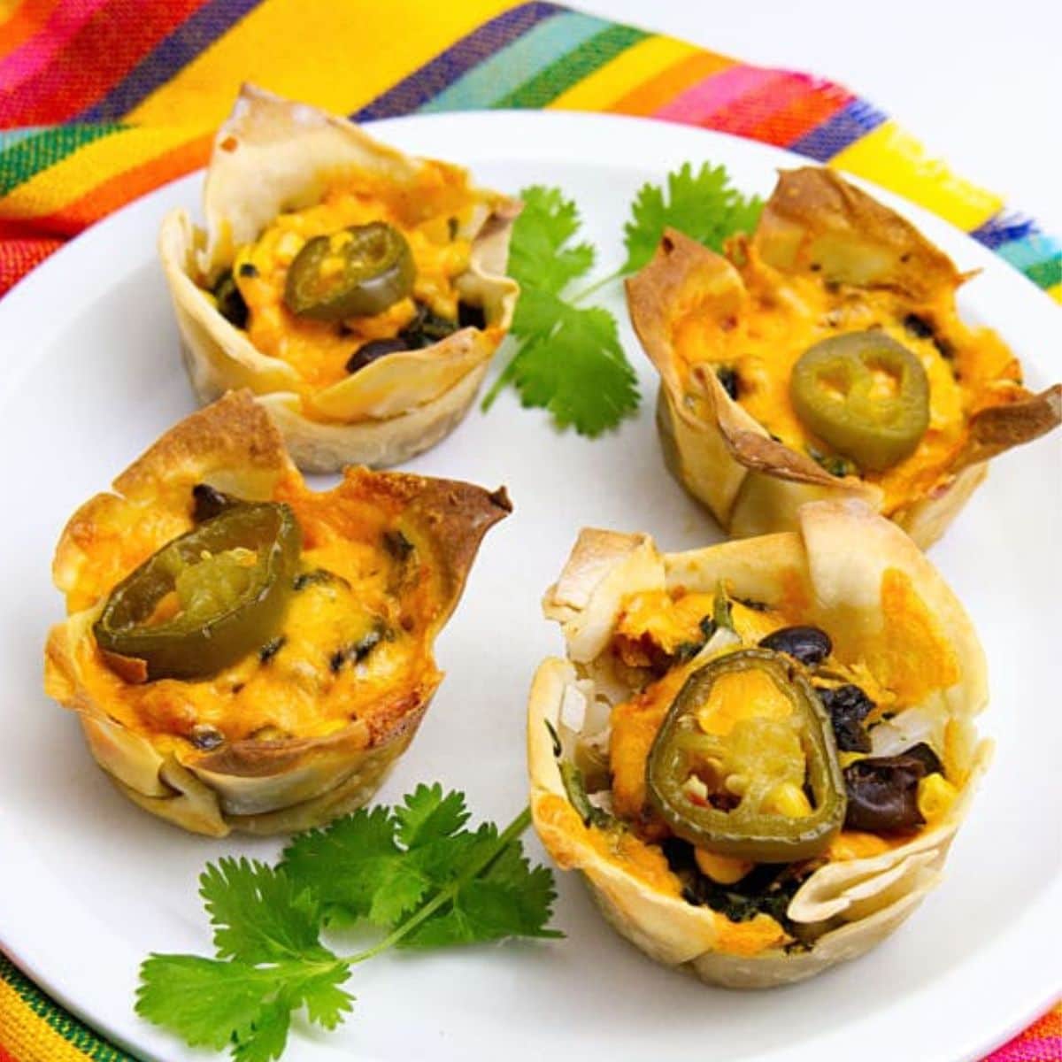 Four chicken enchilada cups topped with melted cheese and jalapeño slices are served on a white plate, garnished with fresh cilantro.
