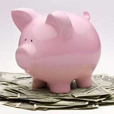 A pink piggy bank sits on top of a pile of scattered dollar bills against a plain white background.