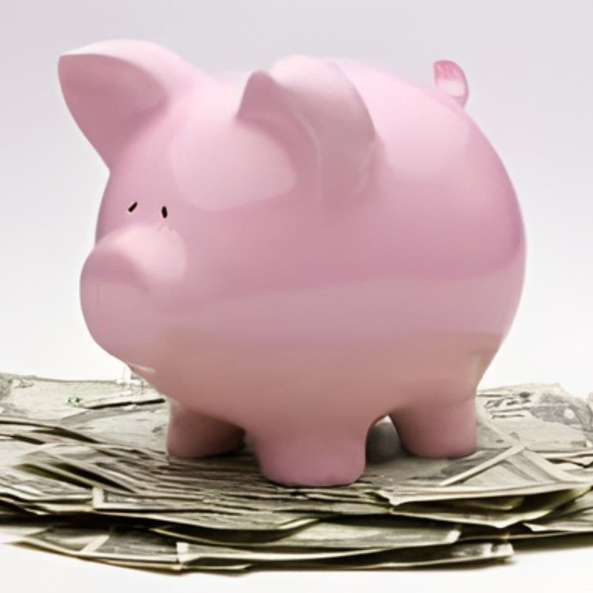 A pink piggy bank sits on top of a pile of scattered dollar bills against a plain white background.
