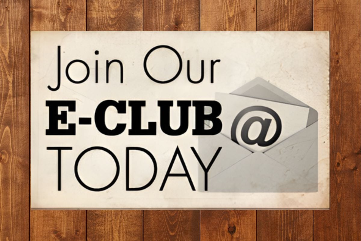 e club A sign on a wooden background reads "Join Our E-Club @ Today" with an envelope graphic in the background.