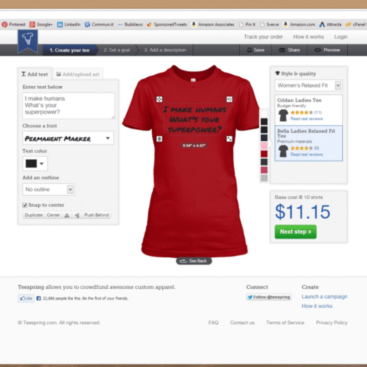 A computer screen displays a red T-shirt design with the text "I make humans. What's your superpower?" and an $11.15 price shown on a custom apparel website.