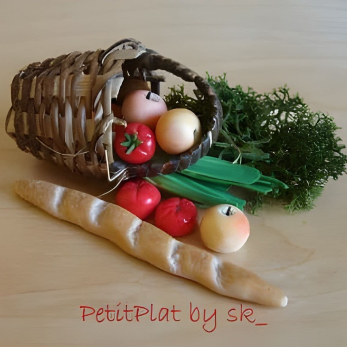 A small woven basket tipped over, spilling out miniature vegetables, herbs, and a baguette on a light surface—proving you can eat healthy without going broke. Text on image reads "PetitPlat by sk_".
