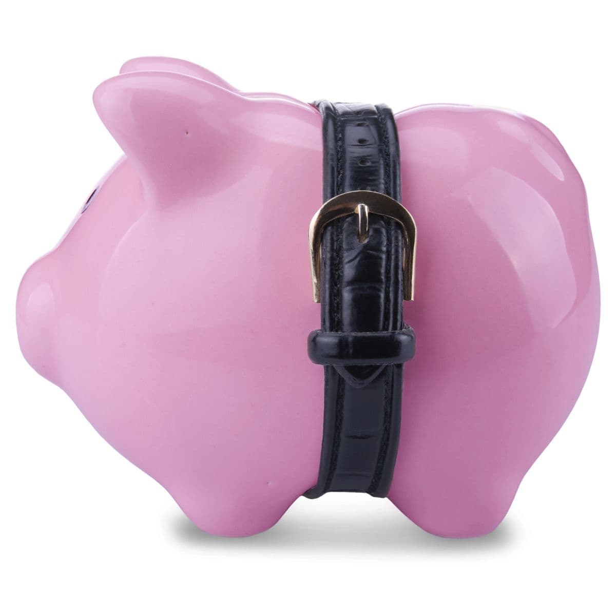 A pink piggy bank is wrapped around the middle with a black leather belt featuring a gold buckle, saving up for the top 10 family dinners under 10.