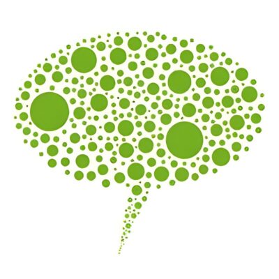 A green speech bubble composed of variously sized green circles on a white background, symbolizing lively conversation.