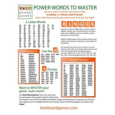 A Scrabble strategy guide lists 2-letter words, explains 'bingos,' offers tips for playing Q without U, and provides lists of U and I dumps and vowel dumps to help master word games.