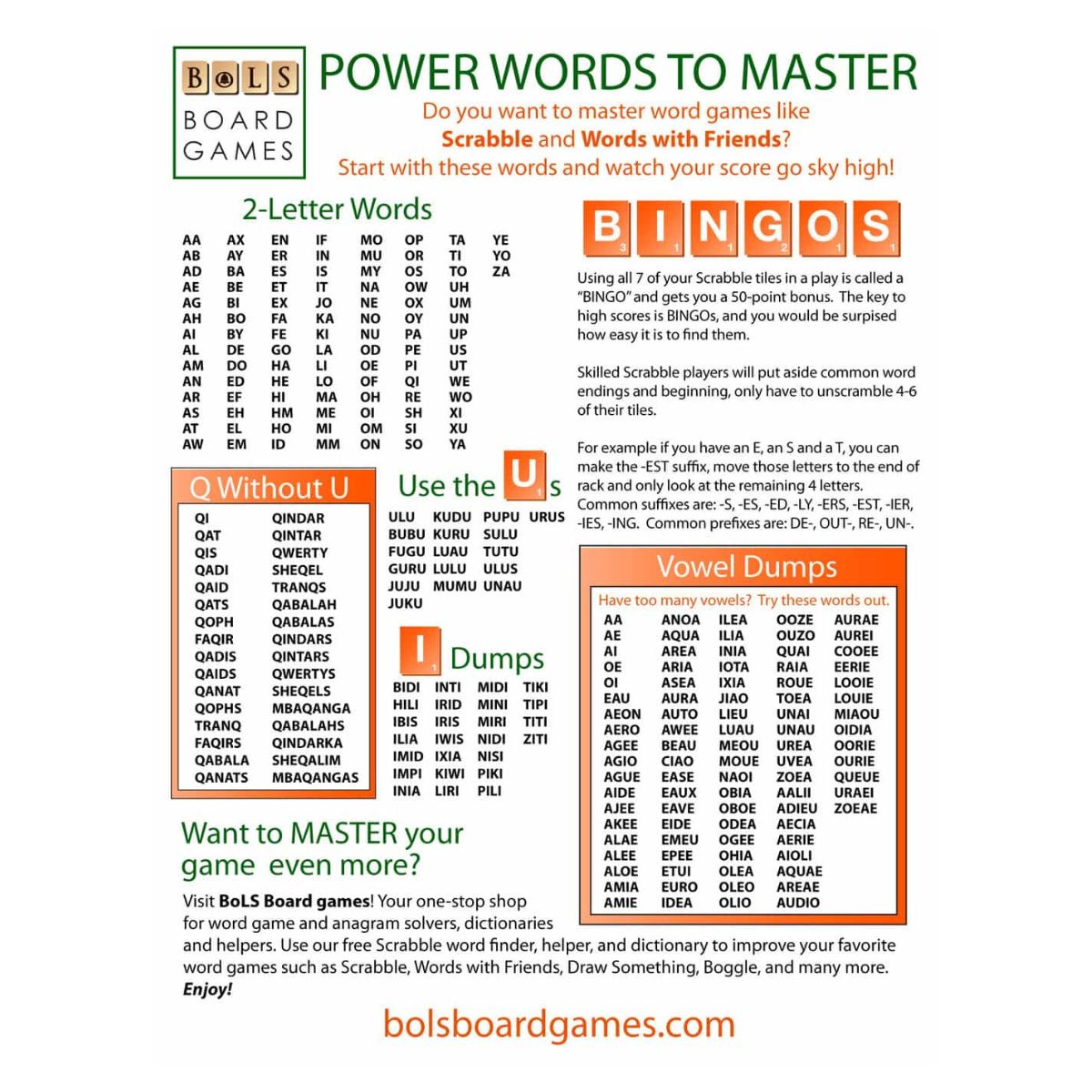 A Scrabble strategy guide lists 2-letter words, explains 'bingos,' offers tips for playing Q without U, and provides lists of U and I dumps and vowel dumps to help master word games.