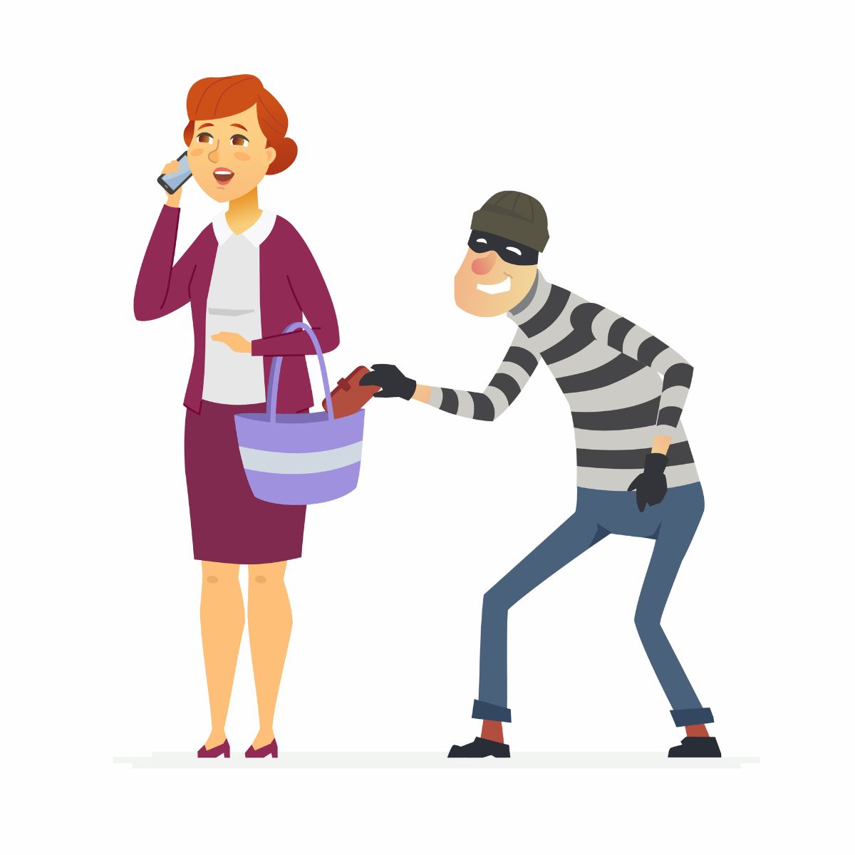 A thief in a striped shirt and mask steals a wallet from a woman's purse while she is distracted on her phone—always protect your belongings in public places.