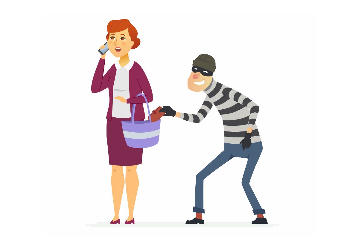 A masked thief in striped clothes steals a purse from a woman, reminding us to protect our belongings, especially when distracted while talking on the phone.