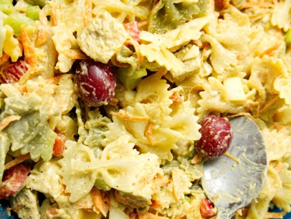 close up of chicken pasta salad and a spoon