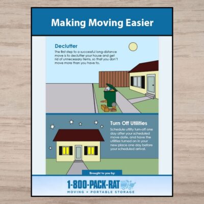 An infographic titled "Making Moving Easier" shares moving tips like decluttering and turning off utilities before your move, with simple illustrations of houses and related actions.