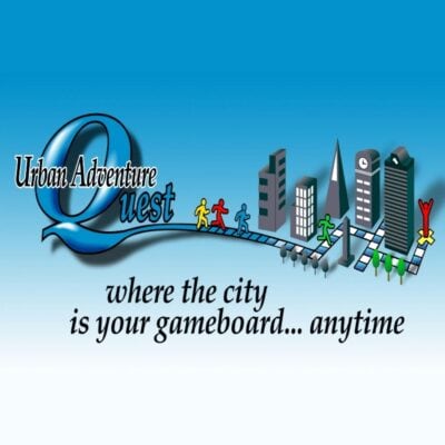 Logo for Urban Adventure Quest featuring stylized city buildings, colorful game pieces on a board, and the tagline "where the city is your gameboard... anytime." Embrace the thrill of an urban adventure quest in every design element.