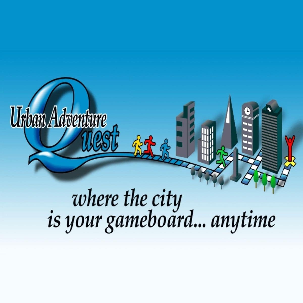 Logo for Urban Adventure Quest featuring stylized city buildings, colorful game pieces on a board, and the tagline "where the city is your gameboard... anytime." Embrace the thrill of an urban adventure quest in every design element.