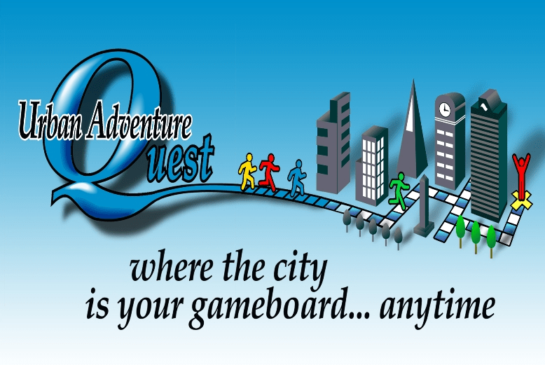 Urban Adventure Quest Logo with text reading where the city is your gameboard anytime