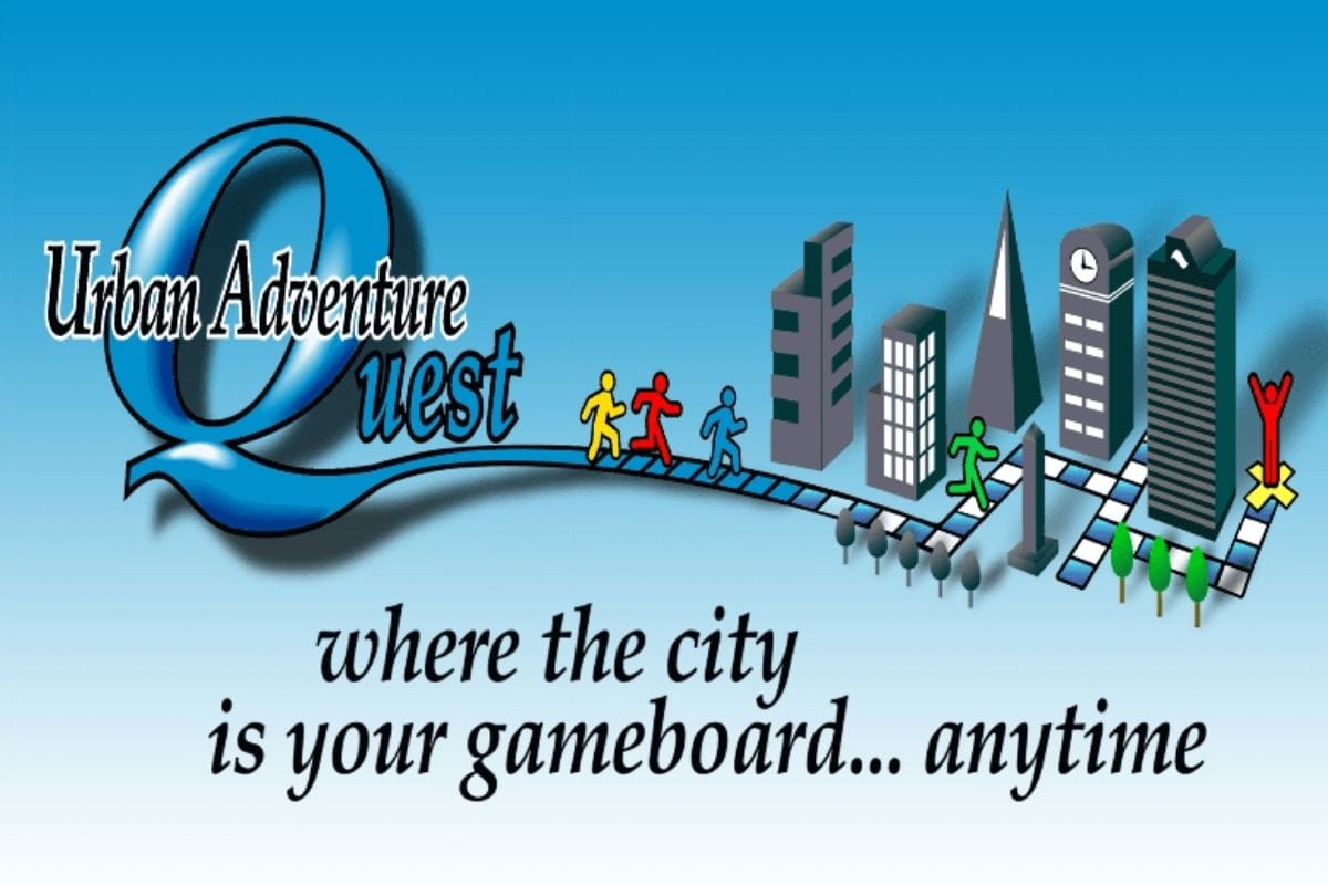 Urban Adventure Quest logo featuring four colorful figures on a path over a cartoon cityscape.