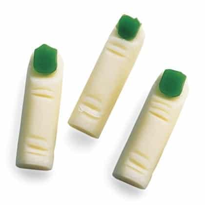 string cheese decorated to look like Cheese Fingers