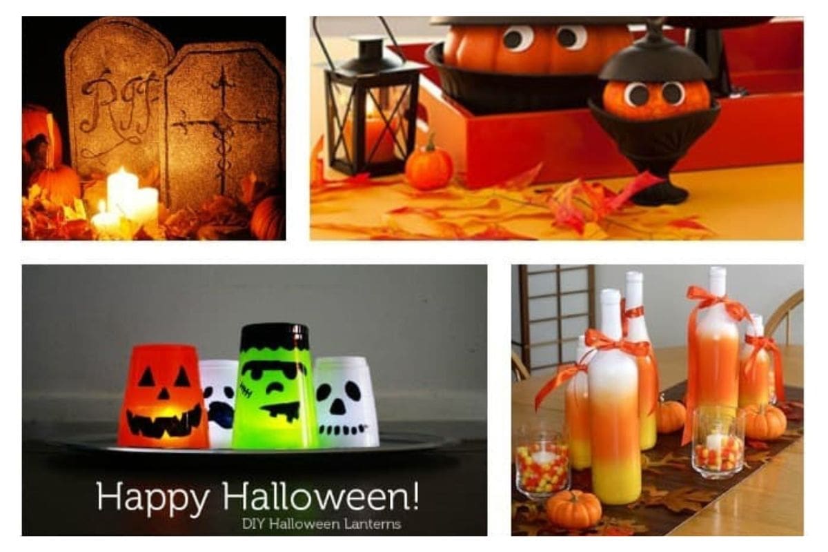 A collage of five different diy Halloween decor items.