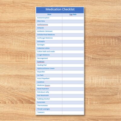 A printed medication checklist with a list of items and columns for names and expiration dates, perfect for organizing your medicine cabinet, placed on a wooden surface.