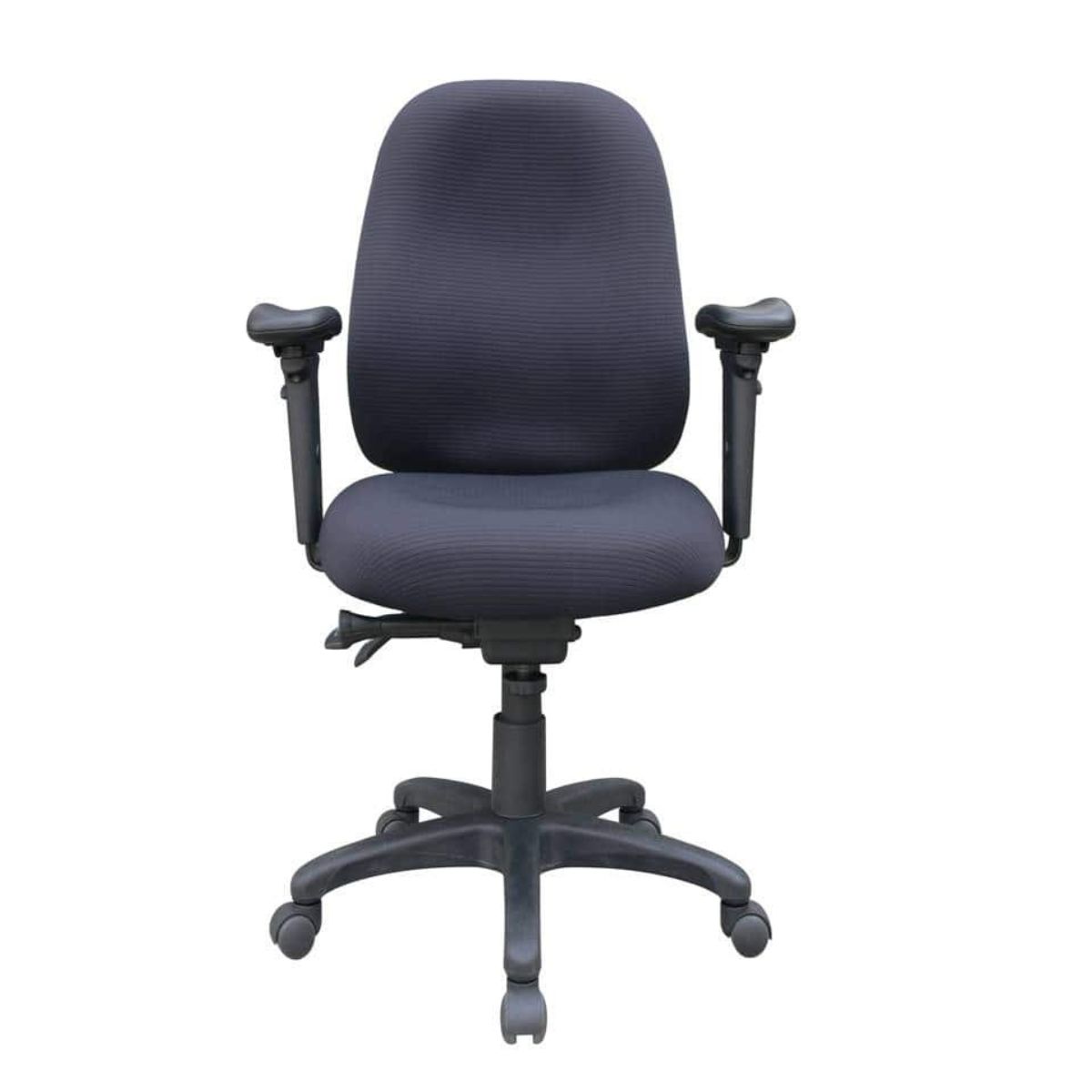 A sleek black office chair with adjustable armrests and a five-wheel base, this chair is shown from the front against a plain white background.