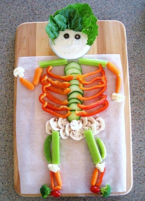 vegetables arranged to look like a Veggie Skeleton