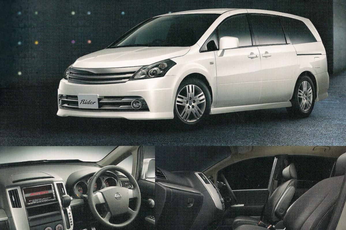 A white minivan is shown from the front side angle; interior views, steering wheel, and black leather seats.