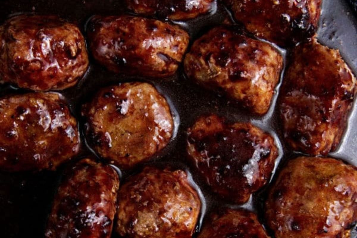 cooked meatballs in a slow cooker.