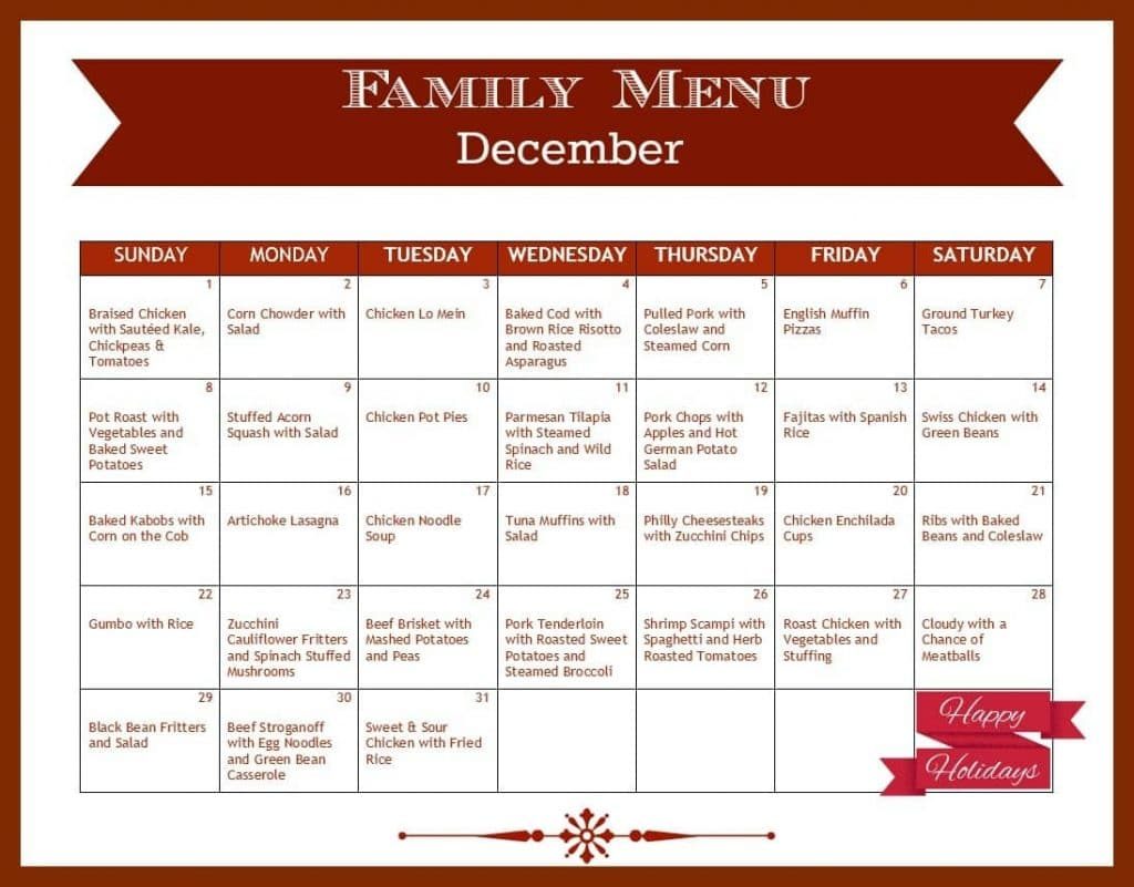 a printable calendar with a month of meals with title text reading Family Menu