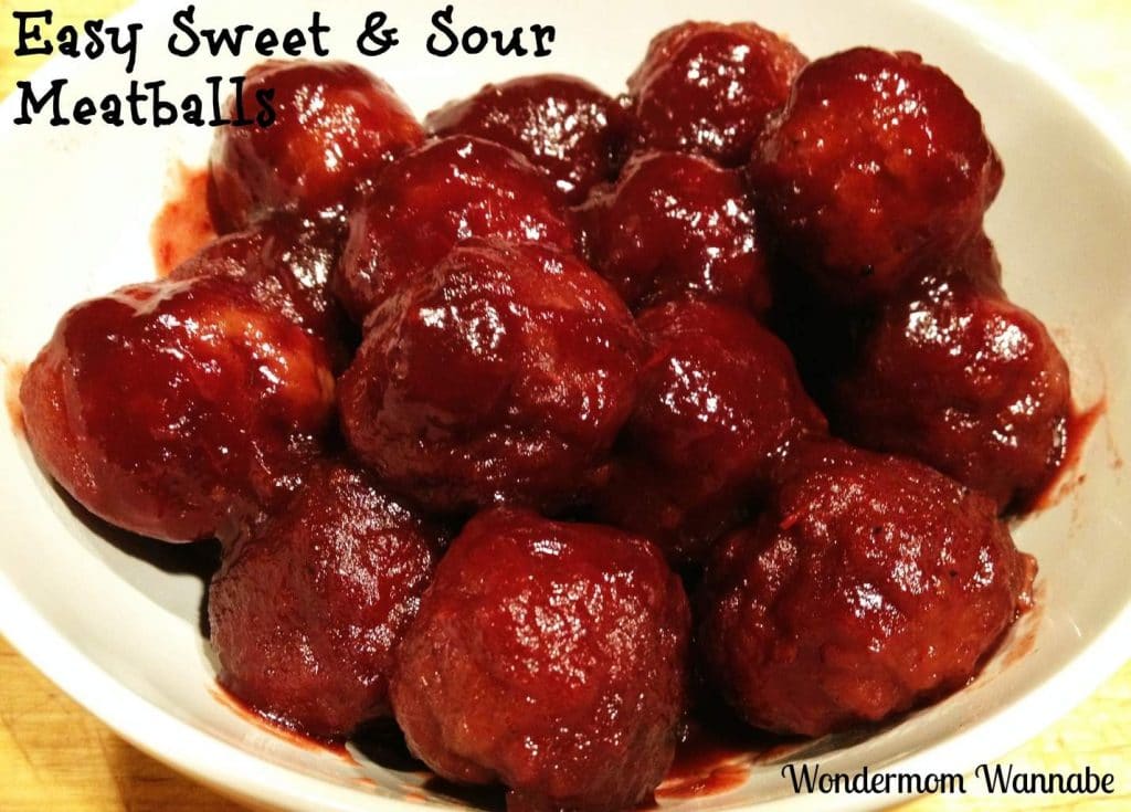 meatballs in a white bowl on a brown table with title text reading Easy Sweet & Sour Meatballs