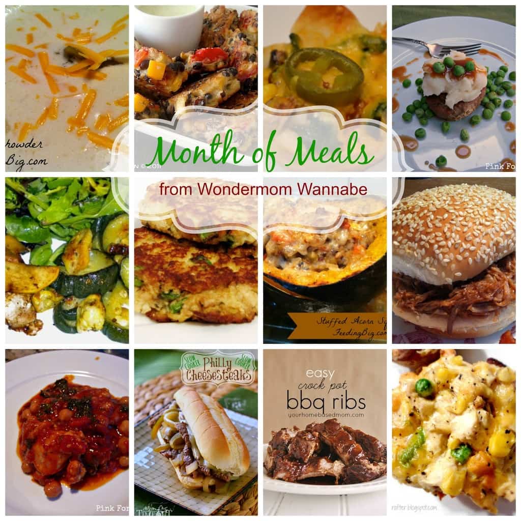 a collage of 12 different meals with title text reading Month of Meals