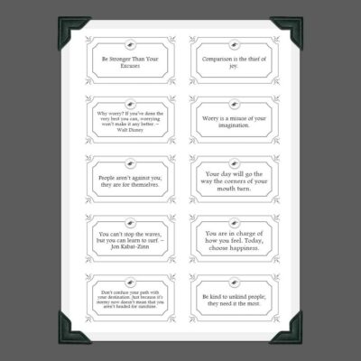 A sheet displaying twelve motivational quotes in a 3x4 grid, each bordered box offering inspiring pep talks, with black corner protectors on a crisp white background.