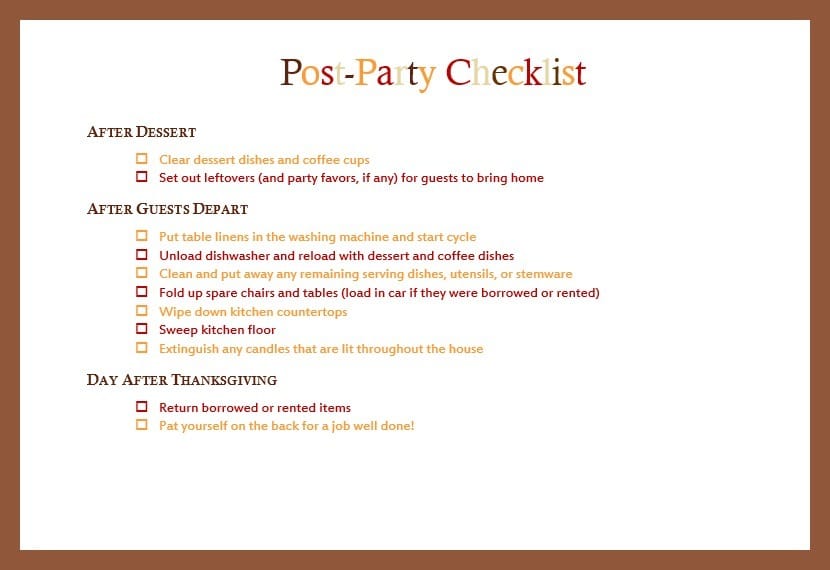 printable Post Party Thanksgiving Checklist
