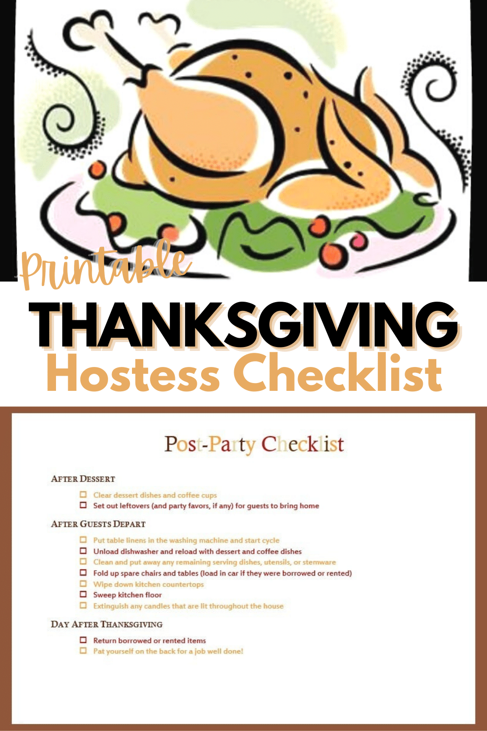 top image is a graphic of a Thanksgiving dinner, bottom image is a printable Thanksgiving Checklist