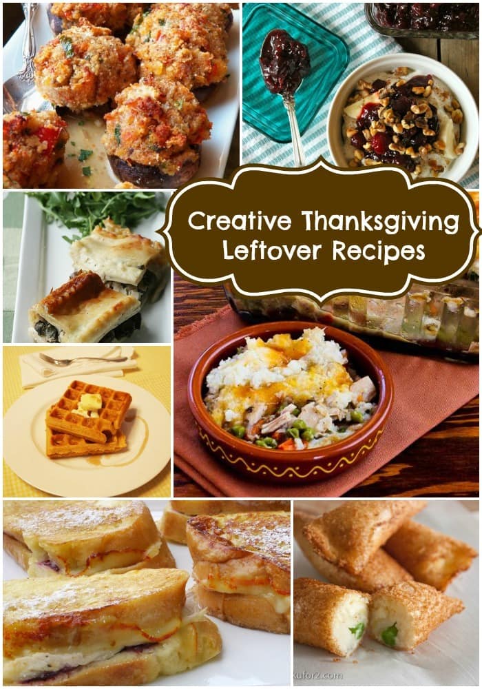 A collage of seven different dishes with title text reading Creative Thanksgiving Leftover Recipes