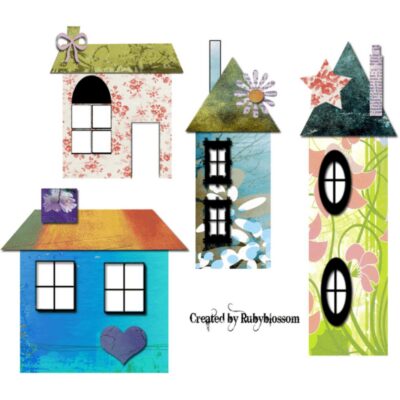 Digital illustration of five whimsical, colorful houses—each a charming new home—with unique patterns, shapes, and decorative elements like flowers, stars, hearts, and bows.