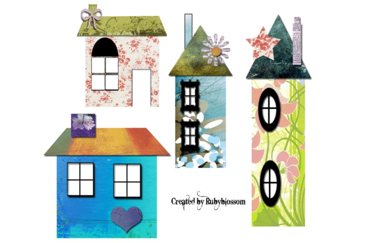 Five colorful, whimsical houses with various patterns, shapes, and decorations-like flowers, bows, and hearts-create a cheerful scene perfect for celebrating a new home on a bright white background.