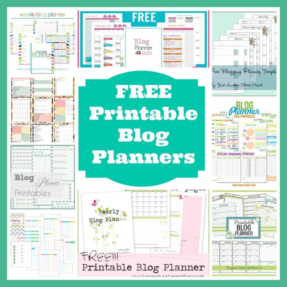 A collage of various colorful free blog planner printables with the text "FREE Printable Blog Planners" in the center.