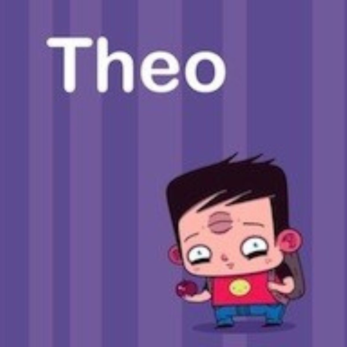 Cartoon character with one large eye and a backpack stands under the name "Theo" on a purple striped background, perfect for children's books.