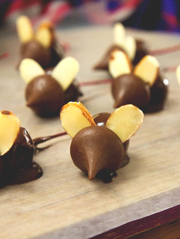 almonds as ears on chocolate covered cherry mice