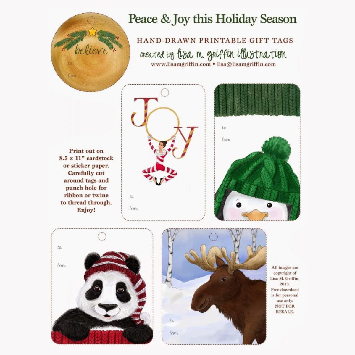 A sheet of four printable holiday gift tags featuring hand-drawn illustrations: a ballerina, a green knit hat, a panda, and a moose, with "Peace & Joy this Holiday Season" text.