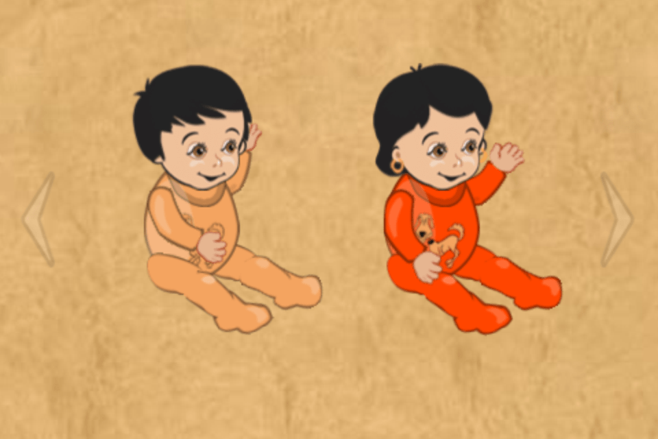Cartoon babies in tan and orange onesies